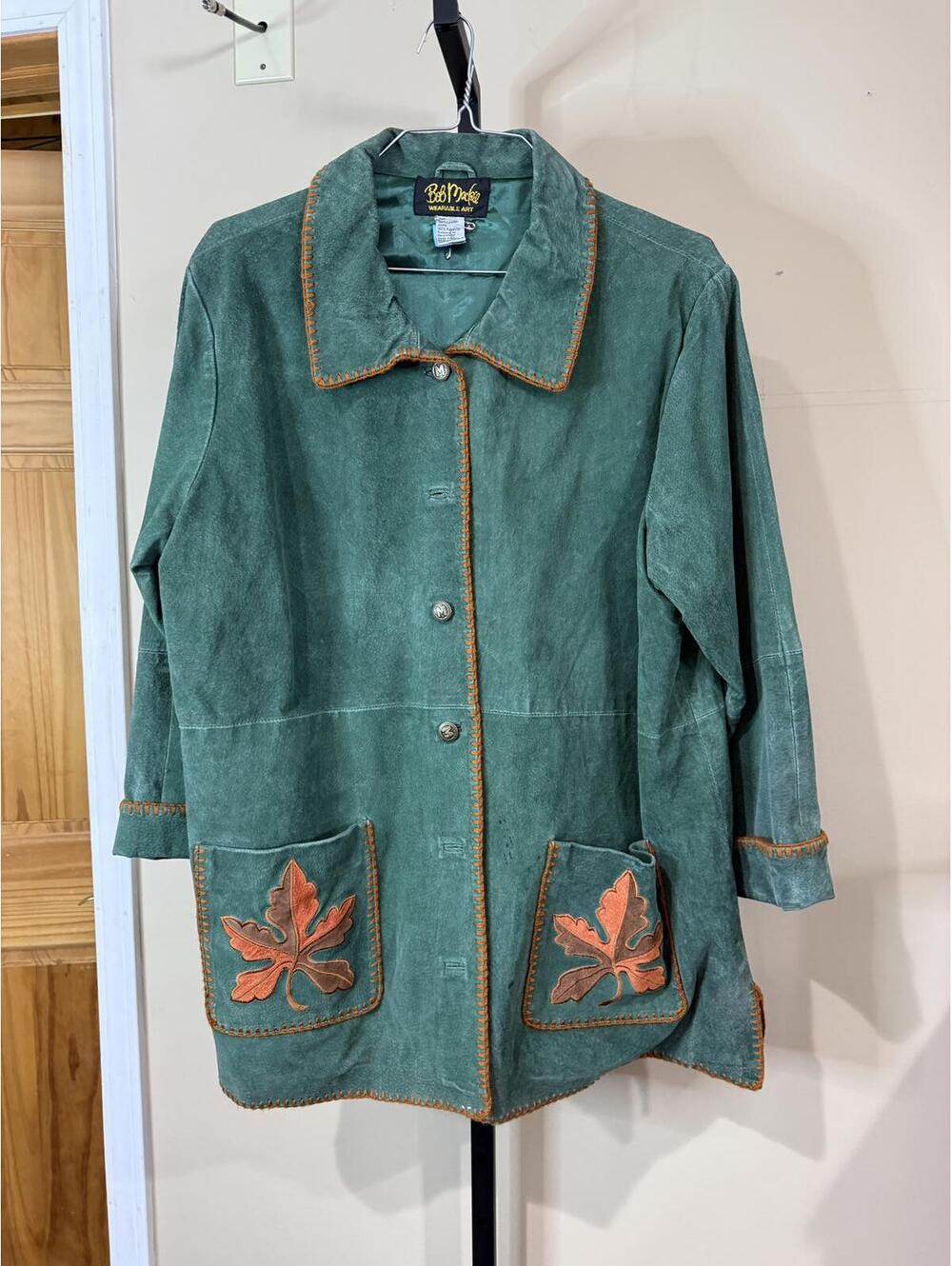 Bob Mackie Green Suede Women's Coat with Leaf Embroidery 2X - Picture 2 of 11